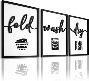 lot 2811 image: 3D Wood Laundry Room Wall Decor, 36 x 16 Framed Laundry Room Wall Art, 3D Laundry Signs for Room Decor (Ready to Hang, Set of 3, Framed)