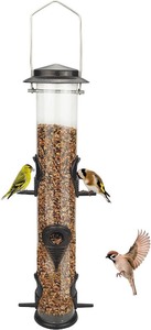 lot 2814 image: MIXXIDEA 1PK Metal Wild Bird Feeder,Squirrel Proof Bird Feeders for Outside,Hanging 6 Port Tube Bird Feeder Transparent Finch Bird Feeder for Attracting Birds in Your Lawn, Garden, Balcony  Coffee