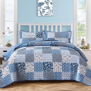 lot 2819 image: Mybedsoul Blue Boho Quilt Set King Size,3 Pieces Plaid Floral Bedspread Coverlet Set for All Season,Patchwork Reversible Bedding Set King 90x104