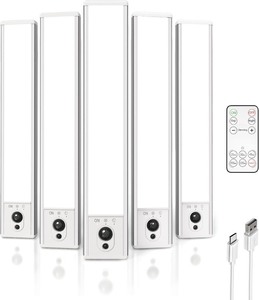 lot 2823 image: 5-Pack Under Cabinet Lighting, 2400mAh Motion Sensor Light, LED Closet Lights Wireless, 6500K Dimmable, Timer, Magnetic, with Remote Control for Kitchen, Closet, Stair