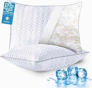 Cooling Pillows Queen Size Set of 2, Shredded Memory Foam Pillows, Adjustable Firm Bed Pillows Cool Cold Pillow for Hot Side Back Stomach Sleepers with Removable Washable Cover, 20" x 30", White