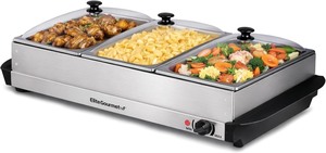 lot 2837 image: Elite Gourmet EWM-6171 Triple 3 x 2.5 Qt. Trays, Buffet Server, Food Warmer Temperature Control, Clear Slotted Lids, Perfect for Parties, Entertaining & Holidays, 7.5 Qt Total, Stainless Steel