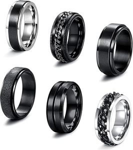 lot 22864 image: 6-Piece Size 68 Black Stainless Steel Spinner Ring Set  Anxiety & Stress Relief