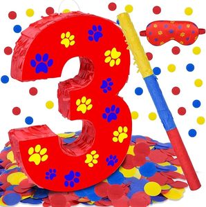 lot 22868 image: Number 3 Dog Paw Piata Set  Red & Black 3rd Birthday Decorations