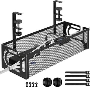 lot 22870 image: Under Desk Cable Management Tray  No-Drill Clamp-On Organizer (Black)