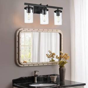 lot 22892 image: 3-Light Rustic Vintage Bathroom Fixture Vanity Light w Clear Glass Shade, Black