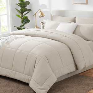 CozyLux Queen Comforter Set Beige, 7 Pieces Bed in a Bag, Beige Comforters Queen Size, All Season Bedding Sets with Stitch Quilted Comforter, Flat Sheet, Fitted Sheet, Pillowcases