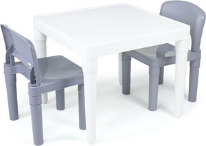 lot 4175 image: Humble Crew Kids Plastic Table and Chair Set, Toddler Activity Table with 2 Chairs, Lightweight Easy-Clean Kids Desk for Play, Snacks & Crafts, Indoor Outdoor Playroom Furniture, WhiteGrey