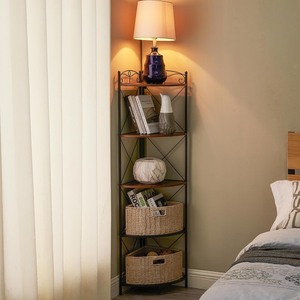 lot 4179 image: 5 Tier Corner Shelf with 2 Woven Basket, 55 Tall Standing Organizer, Rustic Brown Storage Rack, Narrow Bookshelf Display Shelves Rack for Wall Corner, Living Room, Kitchen, Bedroom, Office