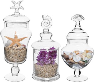lot 4187 image: MyGift Clear Glass Apothecary Jars with Lid, Decorative Seashell Design Bathroom Canister, Footed Candy Buffet Containers, Set of 3