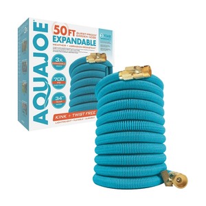 lot 4203 image: Aqua Joe Kink-Free 50-Foot Expandable Garden Hoses W Heavy-Duty Brass Valve & Flow Control Shut-off, 58-inch (Light Blue)