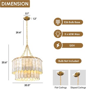 ** Retail $399.99** Modern 5-Light Shell Chandelier, 2-Tiered Faceted Pendant Light with Gold Metal Frame, E26 Lighting Fixture for Dining Room, Bedroom, Living Room