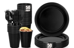 lot 2843 image: Black Plastic Party Plates Set, Disposable Black Plates and Napkins for Party, 50 Of Each 9 Dinner Plate, Cups  Plastic Dinnerware for Retirement, Graduation, Birthday, BBQ