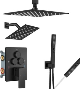 lot 2845 image: Aolemi Shower Faucet Set Ceiling Mount Shower System Rough-in Valve and Shower Trim Kit 2 in 1 Handheld Spray Push Button Diverter 10 and 6 Inch Dual Shower Head Matte Black
