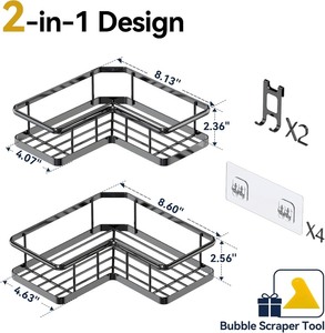 lot 2853 image: Corner Shower Caddy 2 Pack, No Drill Adhesive Shower Storage Shelves, Rustproof Stainless Steel Wall Mounted Bathroom Organizer Shelf with 2 Removable Hooks for Dorm & Renters, Black