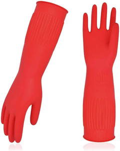 lot 3347 image: 1-Pair Reusable Long Sleeve Thick Latex Dishwashing Gloves - Kitchen, Cleaning, Washing, Working, Painting, Gardening, Pet Care (Size M, Red)