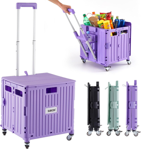 lot 3370 image:  $ 65.99 RETAIL PRICE  Folding Utility Cart Portable Rolling Crate Handcart Shopping Trolley Collapsible Tool Box, with Lid, Basket on 4 Rotate Wheels, for Grocery, Shopping, Office, Storage, Teacher (Purple)