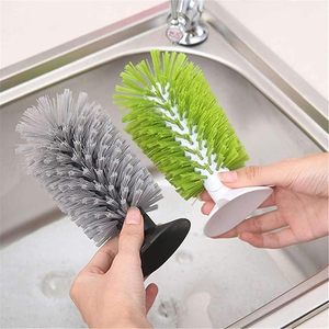 lot 22942 image: 2-Piece Scrub Kitchen Bottle & Glass Cleaning Brush with Suction Cup (Gray & Green)
