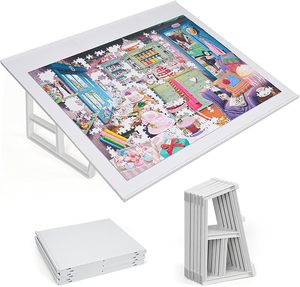 lot 22962 image: 1000-Piece Tilting Puzzle Board with Stand  Lightweight Portable Table (White)