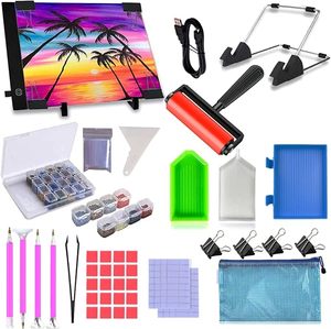 lot 22914 image: 59 Pcs Diamond Painting A4 LED Light Pad Kit, 5D Diamond Painting Accessories Tool Kit Full Drill for Adults and Kids, Supplies Includes Storage Case, Pens,Stand,Pad Board and More