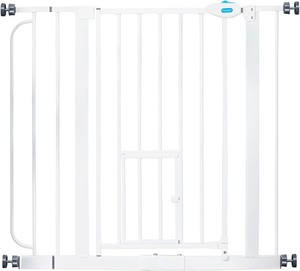 lot 4228 image: Carlson 29.536.5 Extra Wide Dog Gate with Small Pet Door, Walk-Through Pressure Mounted Metal Indoor Pet Safety Gate, Tested and Trusted by Pet Parents, American Designed, American Owned