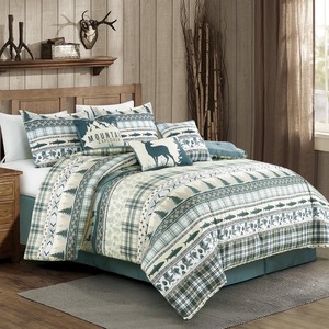 lot 4233 image: Chezmoi Collection Lake 7-Piece Northwest Cabin Lodge Comforter Set - Multicolor Pine Tree Fish Deer Explorer Mountain Printed Microfiber Bedding, Full
