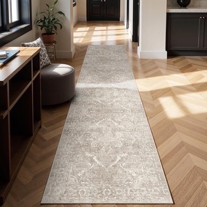 lot 4245 image: Washable 3x14 Runner Rug - Non-Slip Vintage Runner Rug for Entryway Low-Pile Medallion Long Rugs for Hallway Waterproof Traditional Runner Rugs Indoor Thin Rug for Kitchen (Beige