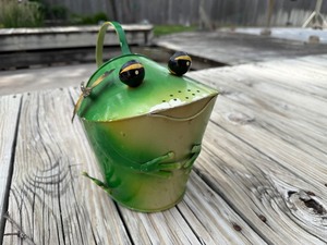 lot 125 image: Whimsical Metal Frog Bucket Planter & Garden Decor