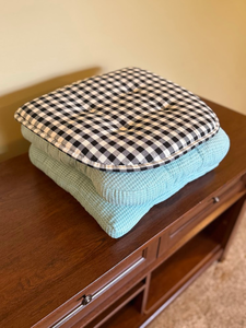lot 149 image: Set of 3 Tufted Chair Seat Cushions  Assorted Patterns & Colors