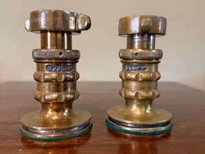 lot 159 image: Pair of Vintage Elkhart Brass Fire Hose Nozzles  Adjustable FogSpray Firefighting Decor