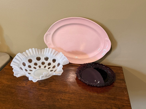 lot 160 image: Vintage Pink Milk Glass & Decorative Glass Serving Pieces  3-Piece Lot