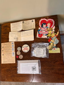 lot 170 image: Vintage Ephemera & Collectibles Lot  WWII Ration Books, Valentines, Wooden Nickels & More
