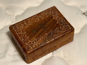 lot 184 image: Hand-Carved Wooden Trinket or Jewelry Box with Blue Velvet Lining