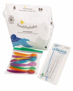 lot 189 image: HealthyBaby Size 6 Diapers, Baby Spoons & Dr. Browns Cleaning Brush Bundle