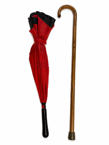 lot 202 image: Classic Wooden Walking Cane & RedBlack Umbrella Set
