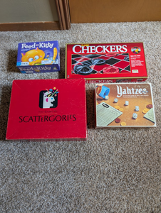 lot 209 image: Board Game Lot  Scattergories, Yahtzee, Checkers & Feed the Kitty
