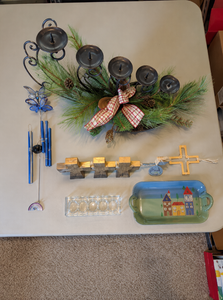 lot 225 image: Religious & Home Dcor Assortment w Candelabra, Crosses & Wind Chime
