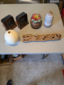 lot 226 image: Mixed Home Dcor Lot w Wooden Bookends, Vase, Faux Succulent & Ostrich Egg