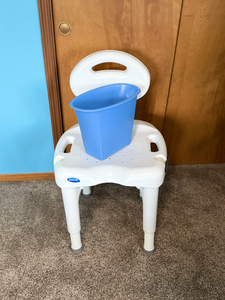 lot 299 image: Invacare Adjustable Shower Chair with Backrest & Bonus Blue Wastebasket