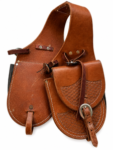 lot 321 image: Vintage Leather Saddle Bags  Saddle Pouches with Basketweave Tooling