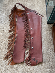 lot 337 image: Custom Leather Fringed Cowboy Chaps by Roberts Cowboy Outfitters  ONE LOVE & NP Monogram