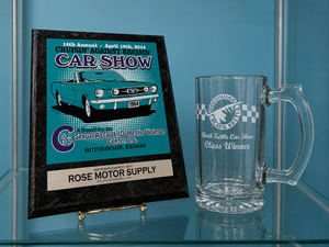lot 343 image: Car Show Award Plaque & Black Kettle Car Show Class Winner Glass Mug