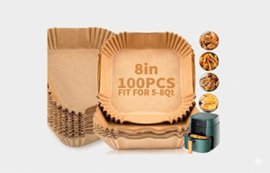 lot 3398 image: Air Fryer Disposable Paper Liners,8 Inch Square Parchment Disposable Paper Liner for 5-8QT Air Fryer,Baking, Roasting and Microwave, Non-Stick Airfryer Accessories