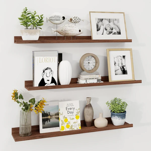 lot 3422 image: Set of 3 Walnut Picture Ledge Shelves (36 Inch) - U-Shaped Floating Wall Mount for Photos, Vinyl Records & Decor - Modern Display Ledge