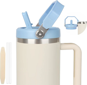 lot 3425 image: 2 Pack - 40 oz Flip Straw Leak Proof Lid with Handle for 40 oz. Stanley Quencher H2.0 & Pro Tour, Replacement Lid, Spill-proof, & Reusable (blue)