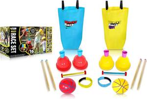 lot 2784 image: 4FUN Wacky Race Set - Family Fun Outdoor Yard Games - Set Includes Hop Sack Race, Knee Walkers, Nose Nudge, Water Helmet Relay, 3-Legged Race, and Wizzy Dizzy  Great for Ages 3