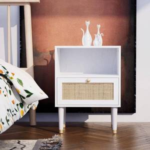 lot 2816 image: Oxendon White Nightstand with Natural Rattan Drawer and Storage Shelf, Side Table End Table Bedside Table Mid Century Modern Night Stand Accent Table for Bedroom Living Room and Small Spaces